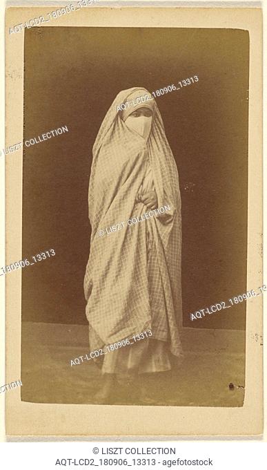 Algerian woman wearing a checkered full robe and veil; Claude-Joseph Portier (French, 1841 - 1910); 1865 - 1880; Albumen silver print