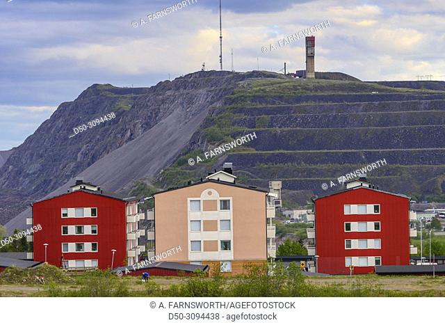 City Views of the iron mining town of Kiruna with housing and the mine in the background. Kiruna, Sweden