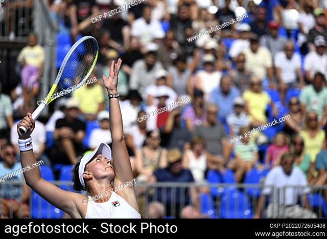 Barbora Krejcikova of Czech Republic serves against Anna Blinkova of Russia during the Livesport Prague Open WTA women’s tennis tournament match in Prague