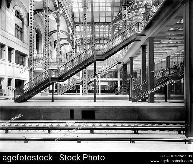 Main Concourse, Track Levels, Stair Entrance, Pennsylvania Station, New York City, New York, USA, Detroit Publishing Company, 1910