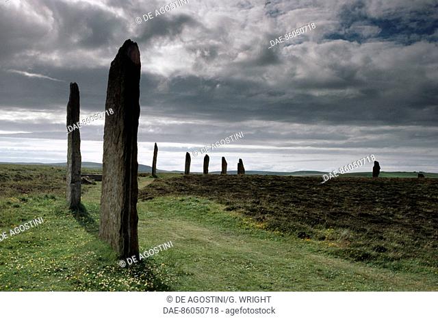 Neolithic stone circle of Ring of Brodgar or Brogar (UNESCO World Heritage List, 1999), Orkney Islands, Scotland, United Kingdom. Bronze Age, 2500 BC