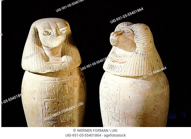Two of a set of four canopic jars used to preserve the internal organs of Prince Hornakht each in the form of one of the Four Sons of Horus
