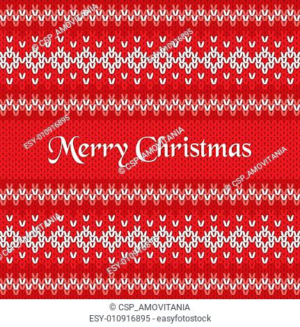 Merry Christmas Greeting Card on Winter Geometric Ornament Pattern Background in Red and White from Knitted Fabric with Words