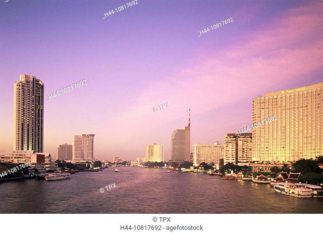 Asia, Thailand, Bangkok, Riverfront Skyline, City Skyline, Cityscape, Chao Phraya River, Dusk, Sunset, River Boats, Ri