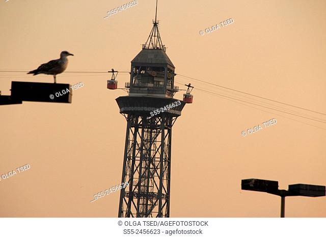 Barcelona cable car in the sunset, Maremagnum area, Port Vell, Barcelona, Catalonia, Spain