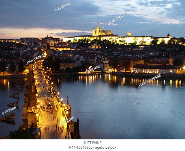 illuminated, 10649955, river, flow, Hradcany, Charles bridge, Moldavia, night, at night, Prague, Prague castle, Czechia, Europ