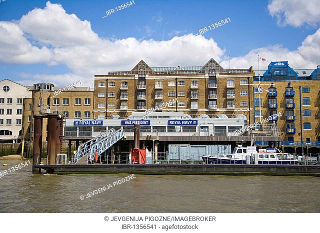 HMS President, stone frigate, shore establishment, Royal Naval Reserve, Royal Navy, view from river Thames, Tower Hamlets, Docklands, London, England