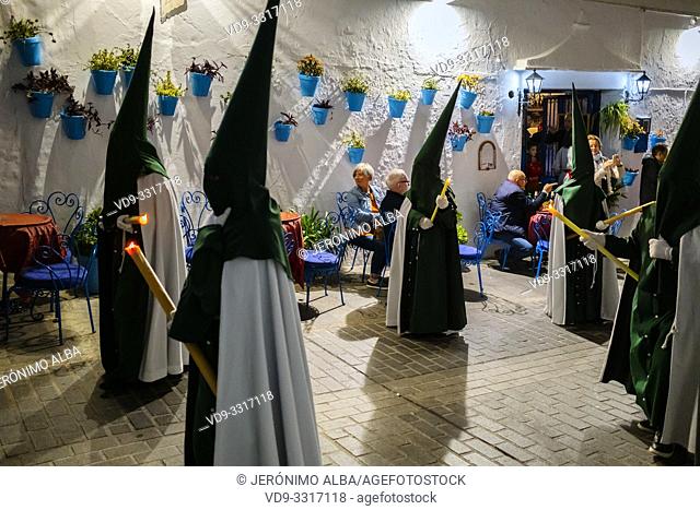 Holy Week procession, white village Mijas Pueblo. Malaga province, Costa del Sol. Andalusia, Spain. Europe