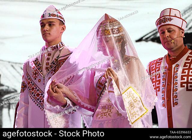 RUSSIA, MOSCOW - DECEMBER 1, 2023: Newly-weds Anastasia Mochalova and Maxim Gorsky are seen during a wedding ceremony according to traditions of the Republic of...