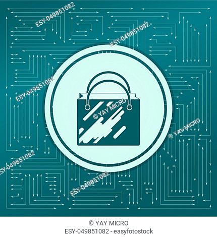 Shopping bag icon on a green background, with arrows in different directions. It appears on the electronic board. illustration