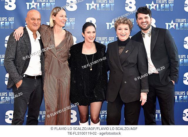The actor Claudio Bisio, swimmer Federica Pellegrini, singer Lodovica Comelli, record producer Mara Maionchi and the actor Frank Matano during the photocall of...