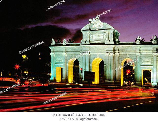 The Puerta de Alcalá (Alcalá Gate), Madrid, Spain. The Puerta de Alcalá is a Neo-classical monument in the Plaza de la Independencia 'Independence Square' in...