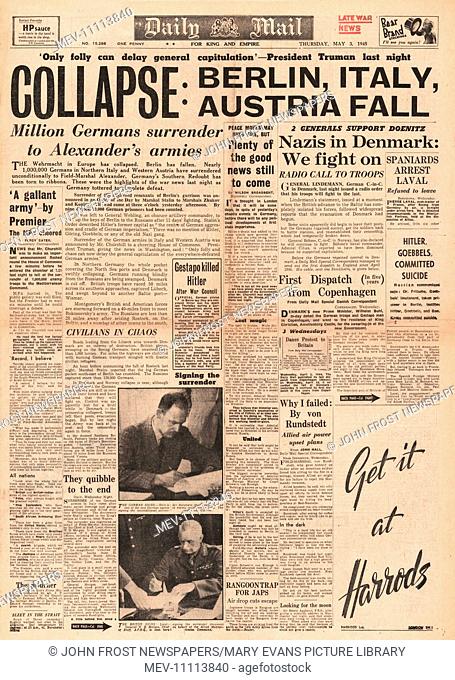 1945 Daily Mail front page reporting One Million German troops surrender in Austria and Italy and Berlin falls
