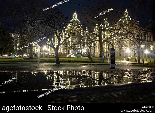 British Columbia Parliament Buildings at night in Victoria, Vancouver Island, British Columbia, Canada