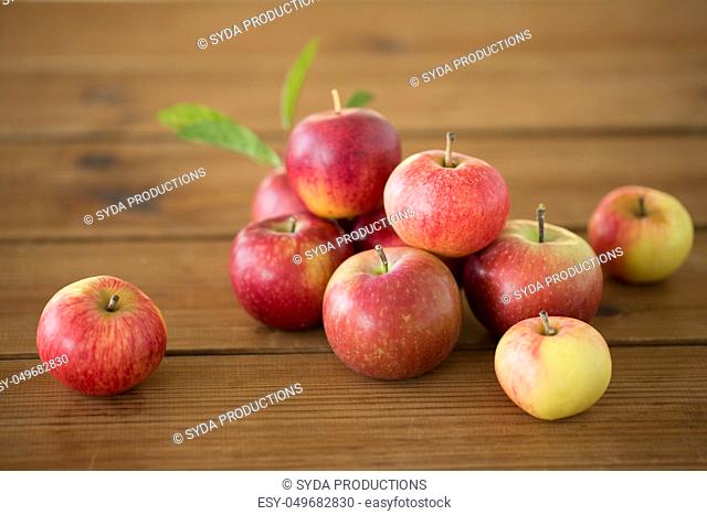 ripe red apples on wooden table