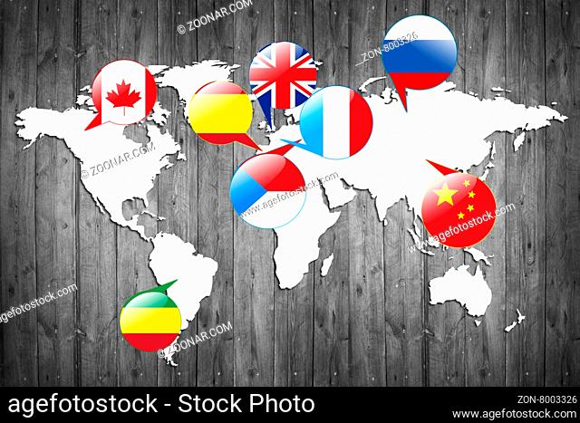 Flags of different countries on the white map. Elements of this image furnished by NASA