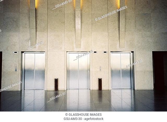 Three elevators in hotel lobby, Sao Paulo, Brazil