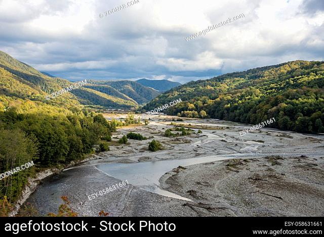 Shahe river and Caucasus mountains near Sochi, Russia. 2 November 2019