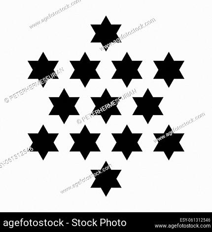 Thirteen stars. 13 hexagrams forming a centered, six-pointed star, such as the Star of David. Symbol, used in the Great Seal of the USA