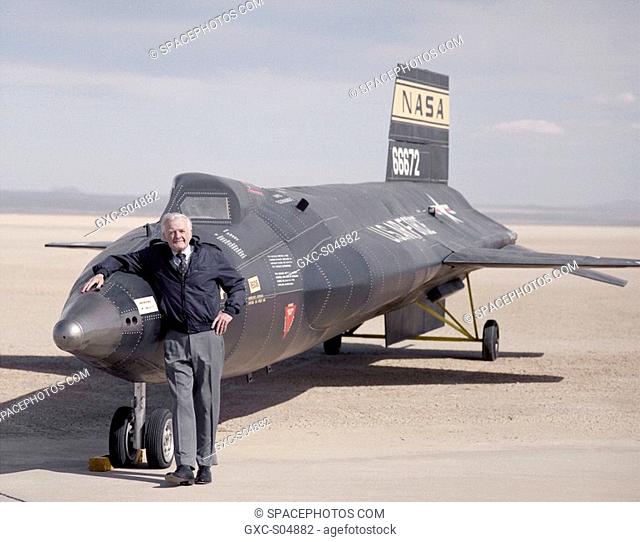 NASA research pilot Milt Thompson is seen here with the mock-up of X-15 3 that was later installed at the NASA Dryden Flight Research Center, Edwards