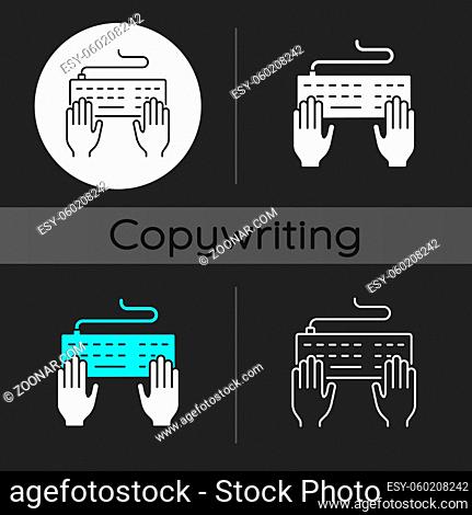 Keyboard dark theme icon. Professional freelance worker. Copywriter work. Author job. Hands typing on desktop. Linear white, simple glyph and RGB color styles