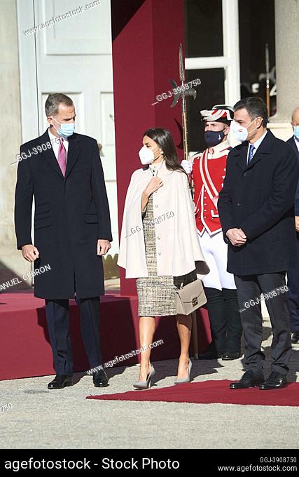 King Felipe VI of Spain, Queen Letizia of Spain, Pedro Sanchez, Prime Minister attends the Official Reception to Italian President Sergio Mattarella at Royal...