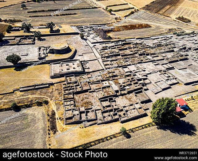Aerial of the Mesoamerican archaeological site of Tecoaque, Tlaxcala, Mexico, North America