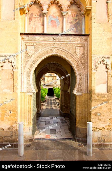 Main moorish decorated access to Los Naranjos Patio in the Cathedral Mosque, Cordoba, Spain