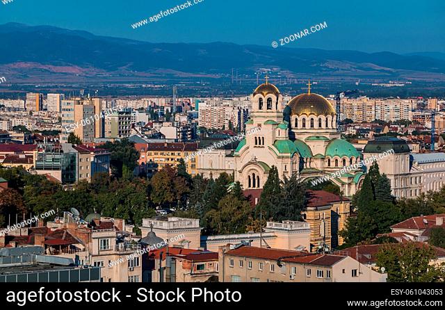 A picture of the Alexander Nevsky Cathedral as seen through Sofia's rooftops