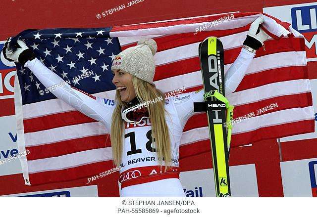 Lindsey Vonn of the USA, 3rd place, celebrates on the podium during the Flower ceremony after the Ladies Super-G race at the 2015 Alpine World Skiing...
