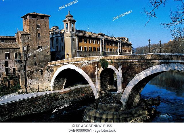 Pons Fabricius (Fabricius' Bridge) which connects Tiber Island to the mainland on the eastern side, facing Campo Marzio, Rome, Lazio, Italy