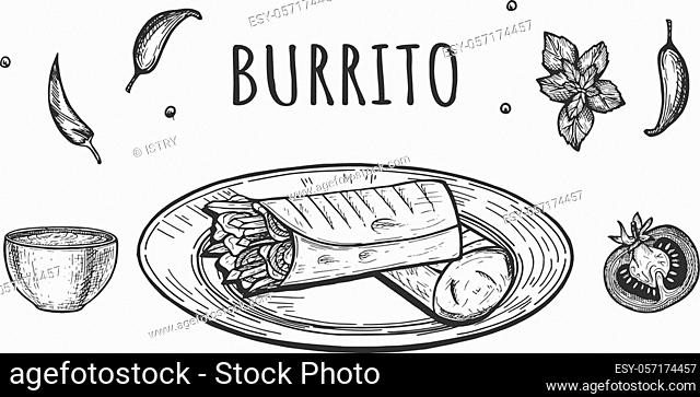 Vector illustration of mexican cuisine dish set. Levitating burrito with vegetables and spices such as tomato, sweet and hot pepper, rings of onoin, lemon