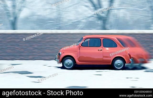 Little red car drives fast over the icy road, weather, safety seasonal transportation concept