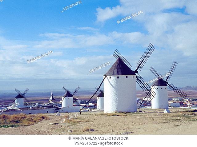 Windmills and overview of the village. Campo de Criptana, Ciudad Real province, Castilla La Mancha, Spain