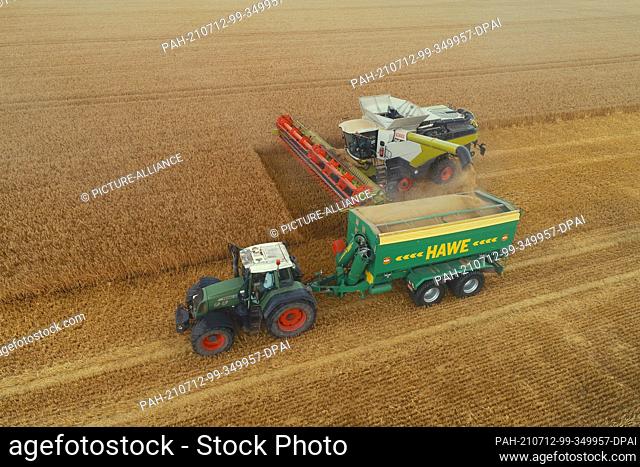 07 July 2021, Saxony-Anhalt, Zilly: A combine harvester bunkers the grains onto a tractor trailer during the harvest of barley