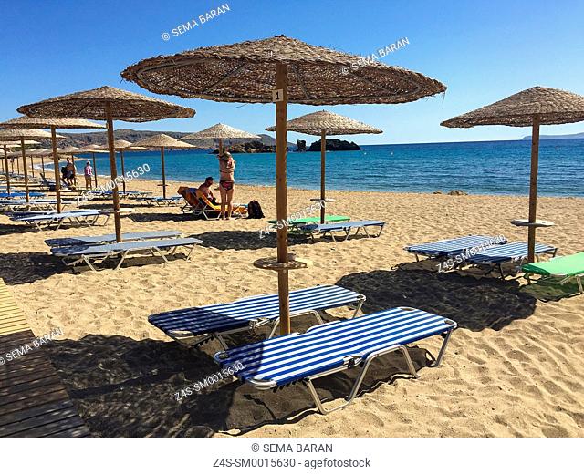 Vai beach with sunbeds and parasols, Lasithi Region, Crete, Greek Islands, Greece, Europe