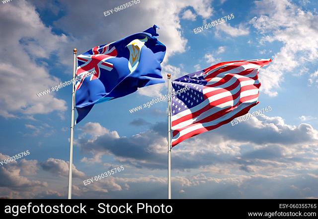 Beautiful national state flags of USA and Anguilla together at the sky background. 3D artwork concept