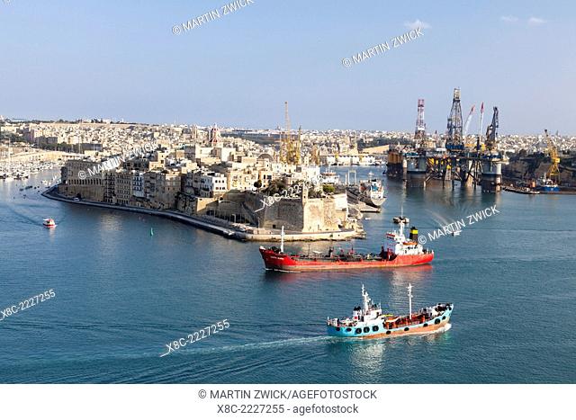 The Three Cities at the Grand Harbour opposite of Valletta, Malta. Europe, Southern Europe, Malta, April