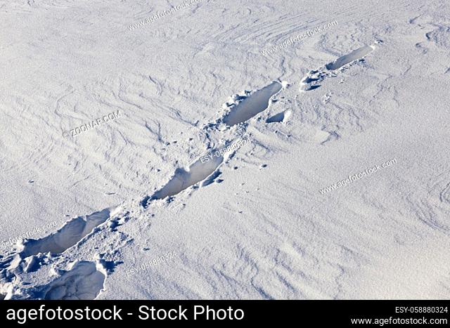 traces left by a man in the snow diagonally in the winter season. Close-up photo