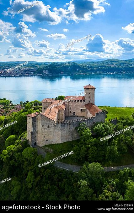 View of the fortress called Rocca di Angera during a spring day. Angera, Lake Maggiore, Varese district, Lombardy, Italy
