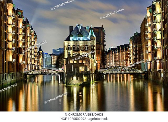 Moated castle and Speicherstadt in Hamburg, Germany