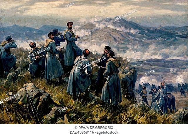 Alexander I of Bulgaria with his chiefs of staff observing the Battle of Dragoman, November 23, 1885. Serbian-Bulgarian War, Bulgaria, 19th century
