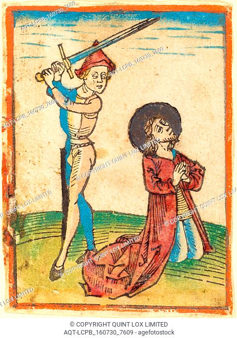 German 15th Century, Martyrdom of a Saint, c. 1480, woodcut, hand-colored in red lake, green, yellow, blue, rose, gold, and orange