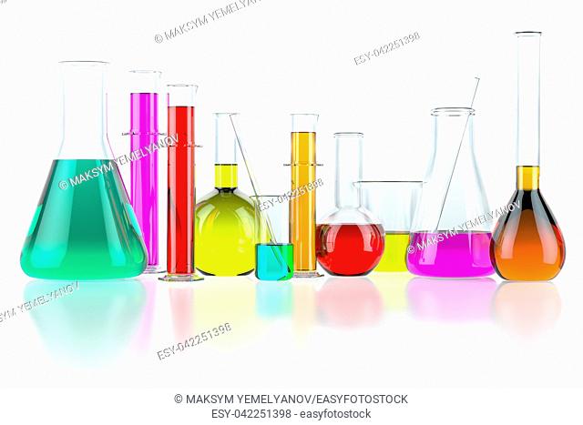 Laboratory glassware test glass flasks and tubes with solution isolated on white background. Science chemistry and research concept. 3d illustration