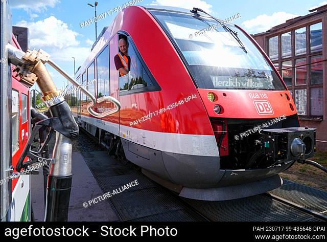 17 July 2023, Brandenburg, Neuruppin: Engine driver Alexander Schütz drives his regional train of the Prignitz Express to refuel with Hydrotreated Vegetable Oil...
