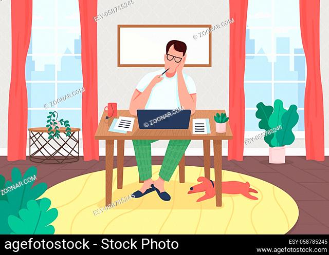 Writer at laptop flat color vector illustration. Freelancer in home office. Editor work process on computer. Blogger writes