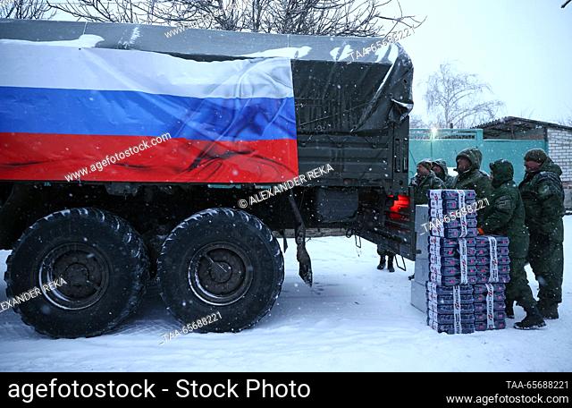 RUSSIA, LUGANSK - DECEMBER 12, 2023: SEPAR ZOV volunteers collect more than 20 pieces of special equipment and other supplies for shipping as humanitarian aid...