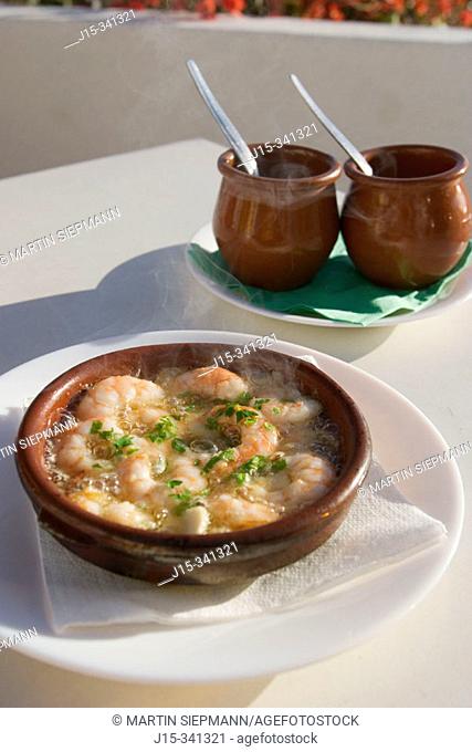 'Gambas al ajillo' (shrimps with garlic). La Gomera, Canary Islands. Spain