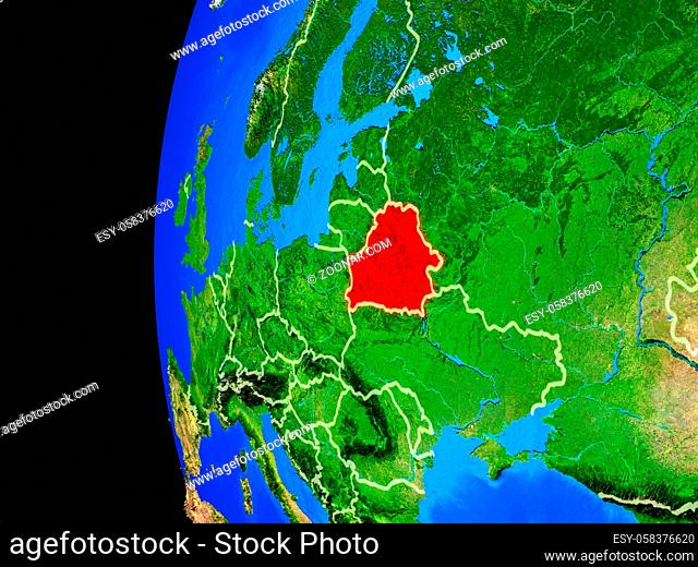 Belarus from space on realistic model of planet Earth with country borders and detailed planet surface. 3D illustration. Elements of this image furnished by...