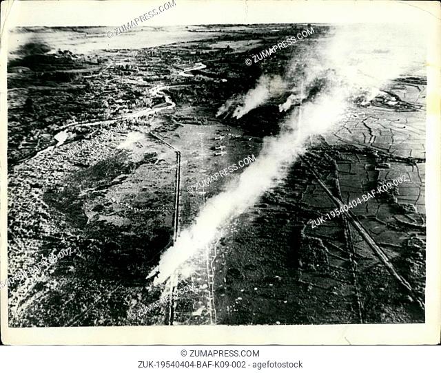 Apr. 04, 1954 - The battle of Dien Bien Phu as seen from the air: Tanks and infantry attacking from the French fortress of Dien Bien Phu recently wiped out a...